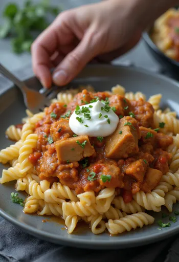 Pörkölt-annos syvällä lautasella pastan ja smetanan kera