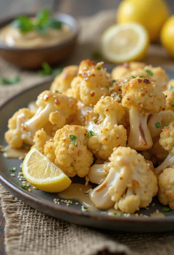 Paahdettu kukkakaalisalaatti tahinikastikkeella, tarjoiltuna tuoreen persiljan ja paahdettujen seesaminsiementen kera.