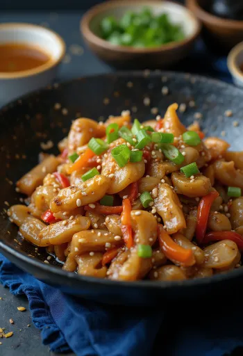 Krokotiili-stir-fry tarjoiltuna riisin ja kasvisten kera.