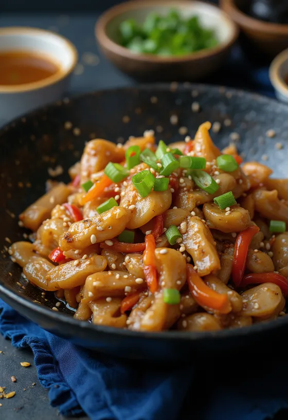 Krokotiili-stir-fry tarjoiltuna riisin ja kasvisten kera.