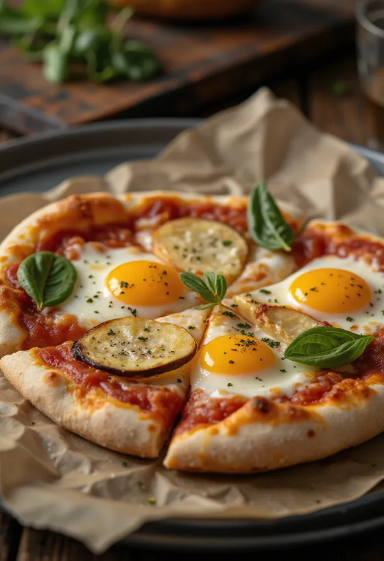Pizza alla Melanzana munakoisolla ja mozzarellalla