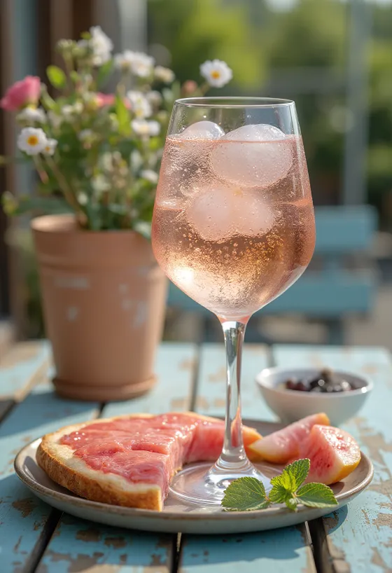 Rose-spritzer sitruunaviipaleella ja jäillä tarjoiltuna