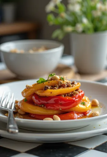 Paahdettu paprikasalaatti balsamico-kastikkeella ja paahdetuilla pinjansiemenillä tarjoiltuna.