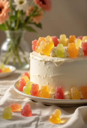 Värikäs karkkikakku valkoisella sokerimassalla ja viinikumikoristeilla