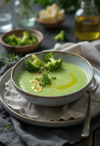 Maa-artisokka-parsakaalisosekeitto tarjoiltuna