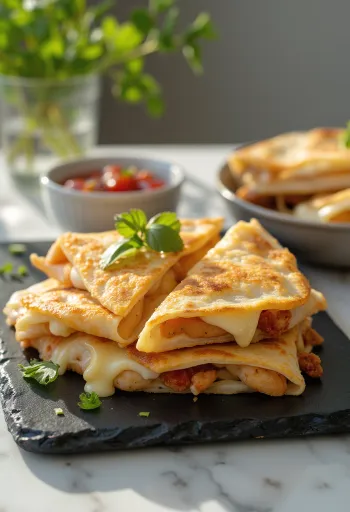 Kana-quesadilla kullanruskeaksi paistettuna, sulaneella juustolla ja tuoreilla yrteillä tarjoiltuna