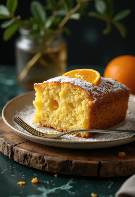 Appelsiini-hunajakakku viipaleina tarjoiltuna