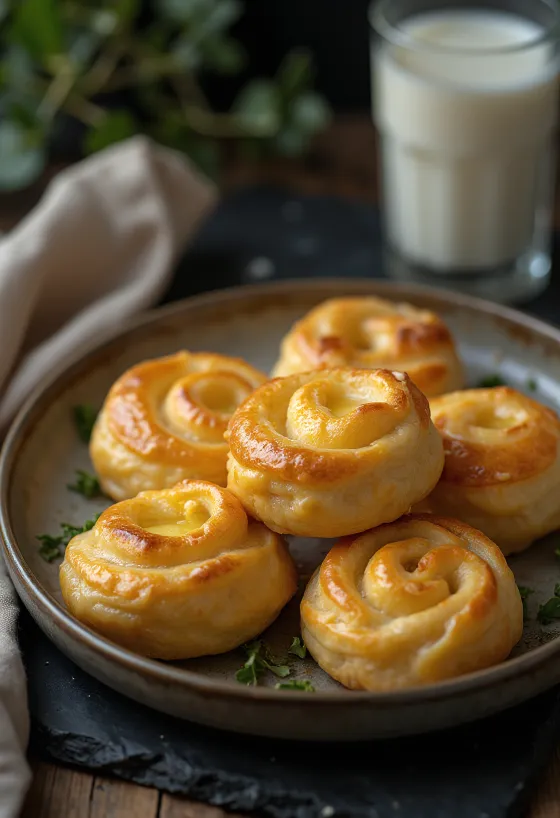 Kullanruskeaksi paistettu juustokierre rapealla taikinalla ja sulaneella juustolla, tarjottimella.