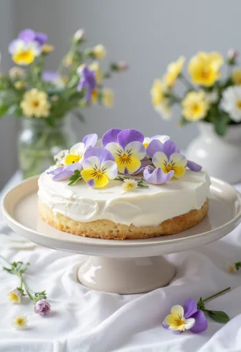 Keväinen kukkakakku syötävillä kukilla koristeltuna