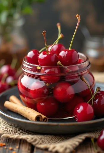 Tulinen säilötty kirsikka lasipurkissa tarjoiltuna