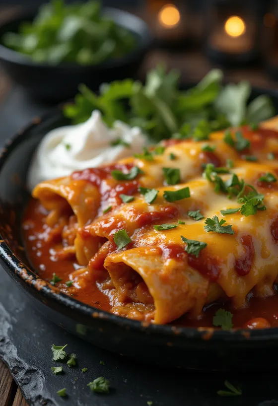 Enchilada, mausteisella tomaattikastikkeella, juustoraasteella ja tuoreella korianterilla tarjoiltuna