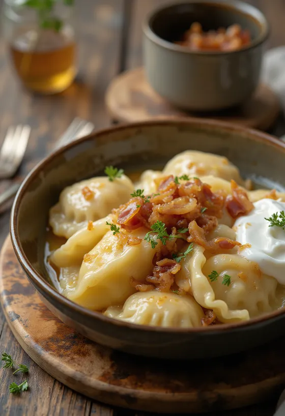 Klassinen pierogi, täytettynä maitorahkalla ja paistetulla sipulilla, tarjoiltuna