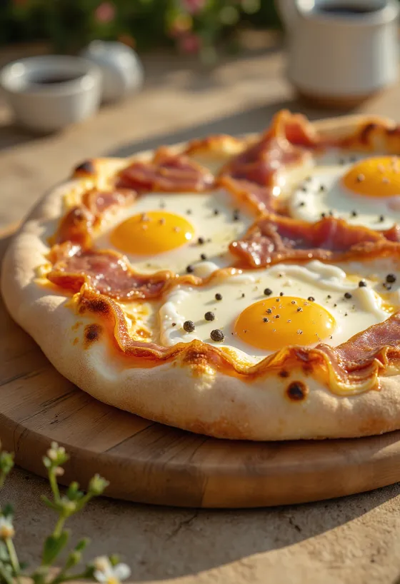 Pizza alla Pancetta e Uova pekonilla ja kananmunalla