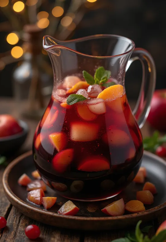 Sangria tuoreilla hedelmillä ja jääpaloilla tarjoiltuna