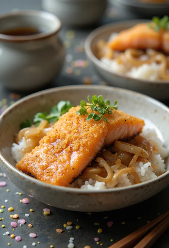 Paistettu lohi-katsudon, riisi, tarjoiltu soijakastike-sipulikastikkeella