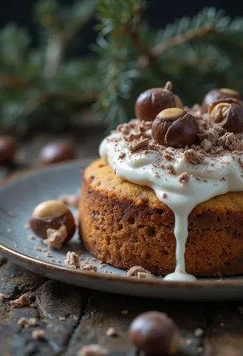 Talvinen kastanjakakku tummalla suklaalla ja pähkinöillä koristeltuna