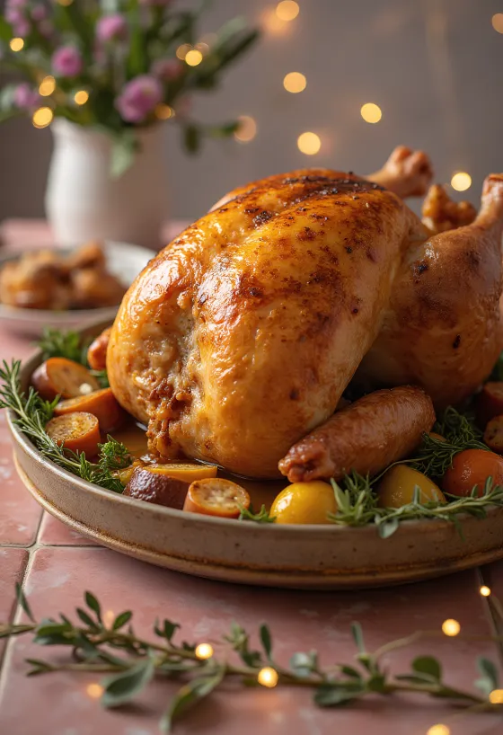 Uunissa paistettu täytetty kalkkuna, rapealla nahalla ja runsaalla täytteellä.