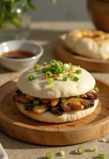 Bao-taikinoita paistetulla sienillä, höyrytettynä, yksinkertainen tarjoilu