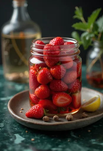 Tulinen säilötty mansikka lasipurkissa tarjoiltuna