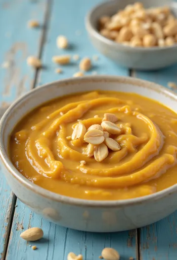 Curry-maapähkinäkastike tarjoiltuna kulhossa tuoreen korianterin kera.