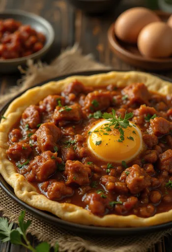 Doro Wat tarjoiltuna kovaksi keitetyn kananmunan ja injera-leivän kera