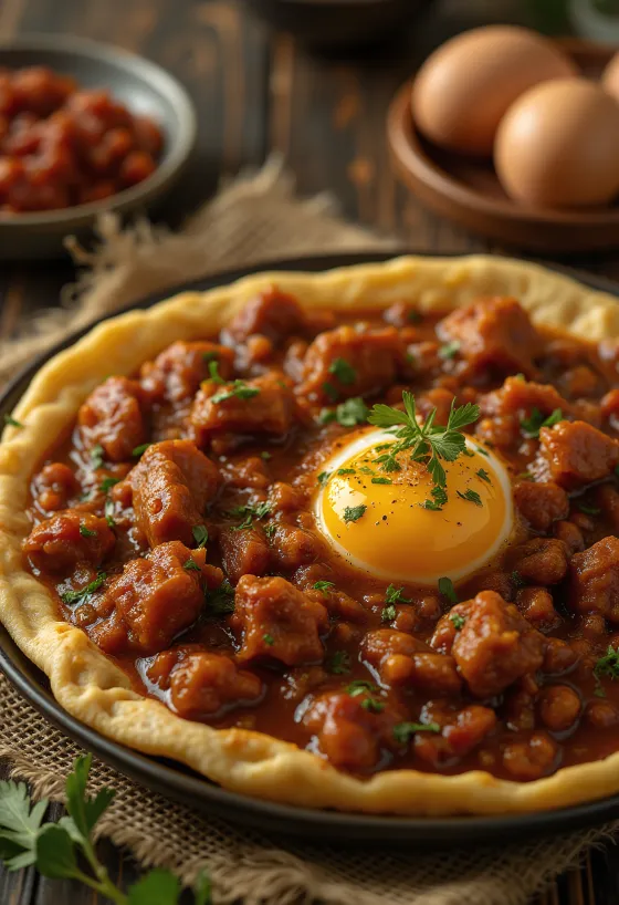Doro Wat tarjoiltuna kovaksi keitetyn kananmunan ja injera-leivän kera