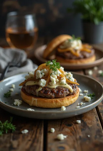 Sinihomejuustohampurilainen mehukkaalla pihvillä ja luonteikkaalla sinihomejuustolla