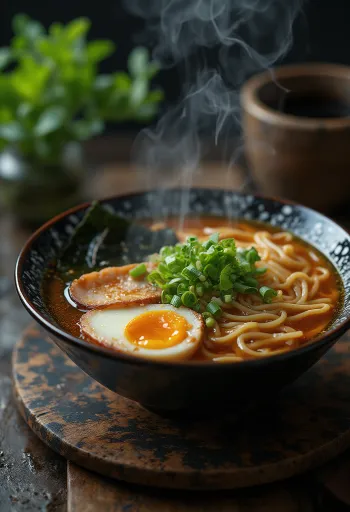 Klassinen ramen-kulho, nuudeleilla, kananmunalla ja täytteillä