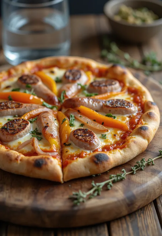 Pizza Viennese itävaltalaisella makkaralla, paprikalla ja mozzarellalla