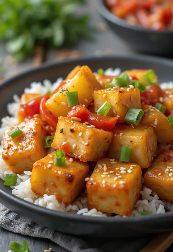 Tarjoiltu paistettu tofu hapanimeläkastikkeessa