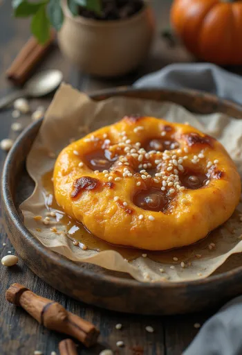 Kurpitsa-Hotteok tuoreeltaan tarjoiltuna kanelisten seesaminsiementen kera