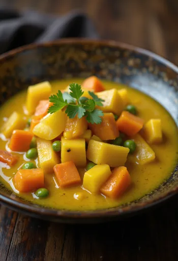 Curry-kasviskastike kulhossa, koristeltuna tuoreella korianterilla.