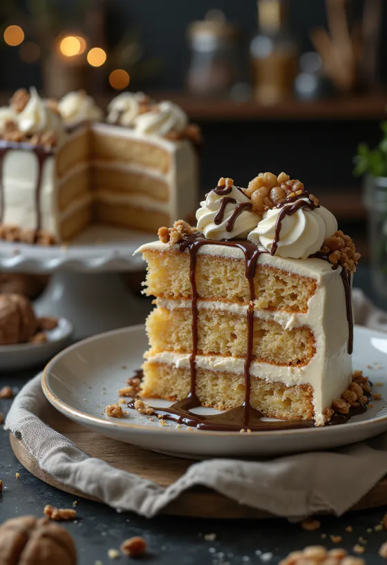 Kastanjakakku saksanpähkinäkreemillä tarjoiltuna