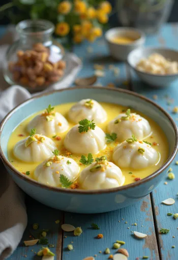 Sahramirasmalai, intialainen makeinen maitopohjalla, paahdetulla mantelilla ja pistaasilla koristeltuna