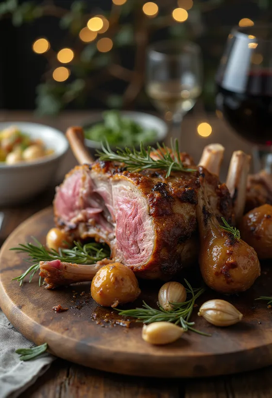 Rosmariinilla maustettu karitsanpaisti tarjoiltuna