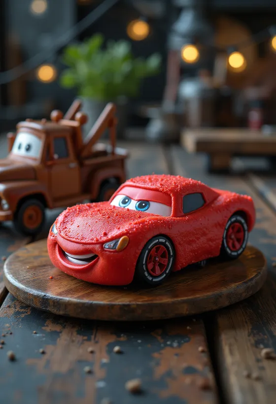 Autokakku punaisella sokerimassalla ja autokoristeilla