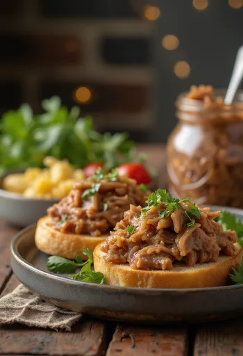 Duck rillette tarjoiltuna rustiikkisessa purkissa leivän ja suolakurkkujen kera