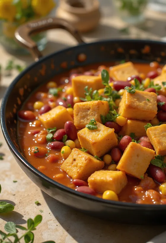 Mausteinen tofu-papumuhennos pannulla