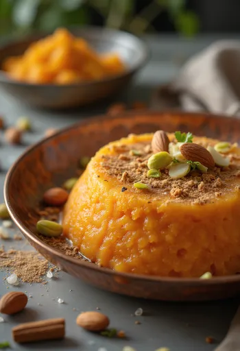 Gajar ka Halwa khoyalla, koristeltuna pistaasipähkinällä ja mantelilla