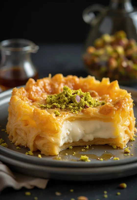 Knafeh ashta-kermalla, rapealla kullanruskealla taikinakerroksella ja pistaasikoristeella