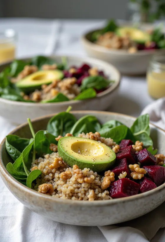 Pinaatti-kvinoa Buddha bowl punajuurella