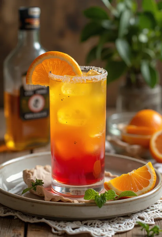 Tequila Sunrise -cocktail appelsiiniviipaleella ja kirsikalla koristeltuna
