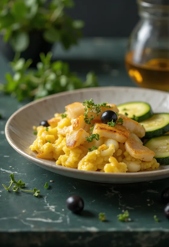 Bacalhau à Brás kesäkurpitsalla, portugalilainen ruoka tarjoiltuna