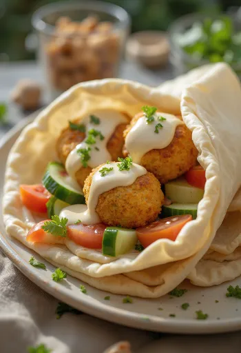 Falafel pitaleivässä tuoreilla vihanneksilla ja tahinikastikkeella