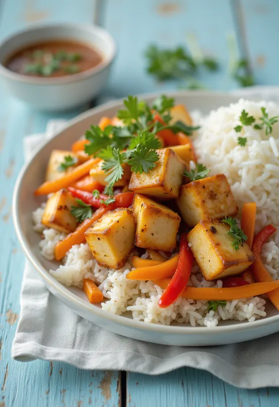 Aasialainen tofu-vihanneswokki riisillä