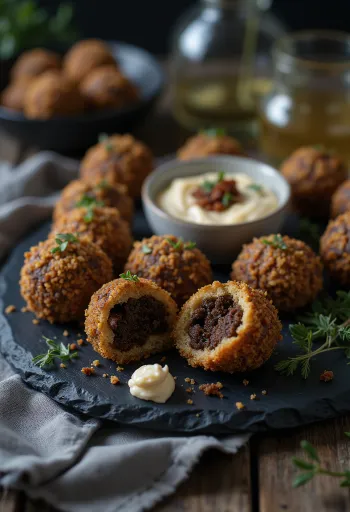 Kullanruskeita, rapeita haggis-pyöryköitä tarjoiluvadilla