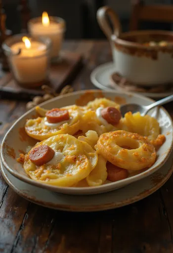 Perunavuoka makkaralla ja kananmunalla kerrostettuna, smetana päällä.