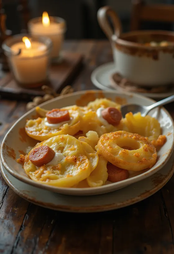 Perunavuoka makkaralla ja kananmunalla kerrostettuna, smetana päällä.