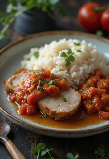 Porsaan niskaa lecsöllä ja höyrytetyllä riisillä