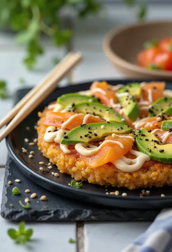 Sushi pizza japanilaisella riisipohjalla, lohella ja avokadolla